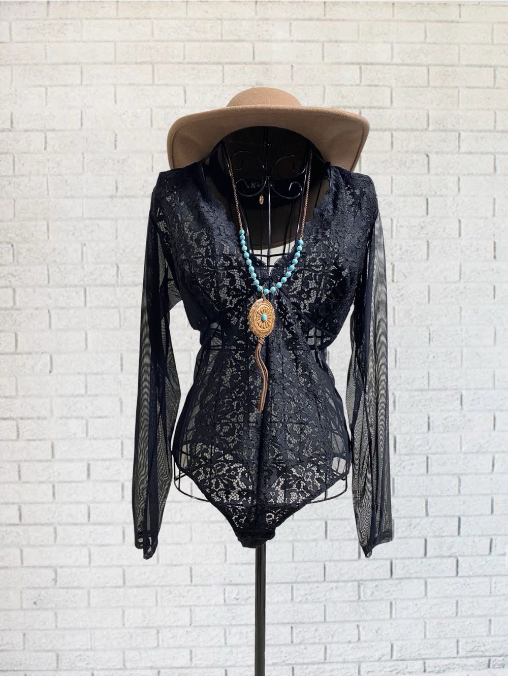 Black Lace Floral Lingerie Bodysuit Top Long Sleeve Sheer Sexy V-Neck XL Boho